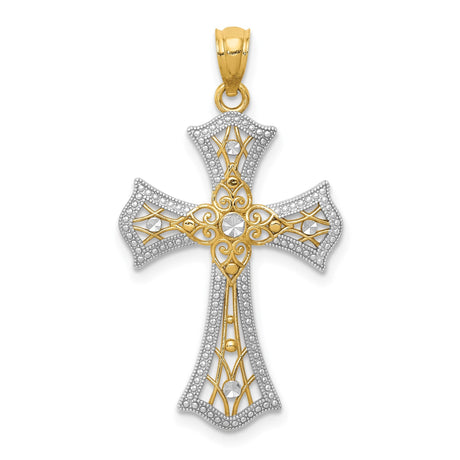 14k Multi-Tone Gold Ornate Cross Pendant with Filigree Detailing and Beaded Edge