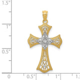 Fleur De Lis Cross With Rhodium Accents Charm Pendant in Real 14k Multi-Tone Gold