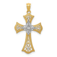 Fleur De Lis Cross With Rhodium Accents Charm Pendant in Real 14k Multi-Tone Gold