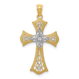 Fleur De Lis Cross With Rhodium Accents Charm Pendant in Real 14k Multi-Tone Gold