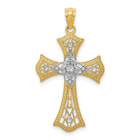 14k Multi-Tone Gold Cross Pendant with Fleur de Lis Design, Filigree Religious Charm