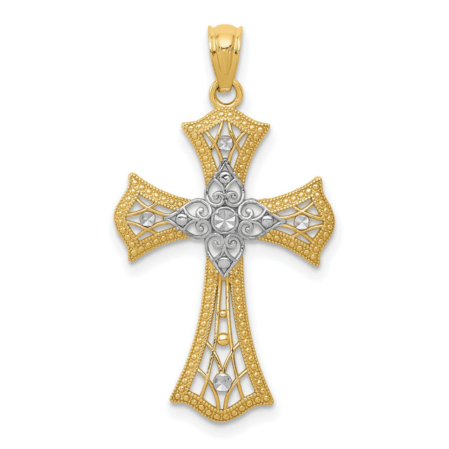 Fleur De Lis Cross With Rhodium Accents Charm Pendant in Real 14k Multi-Tone Gold