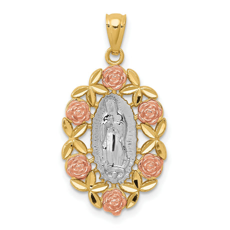 14k Two-Tone Gold Our Lady of Guadalupe Pendant with Floral Accents, Virgin Mary Religious Charm