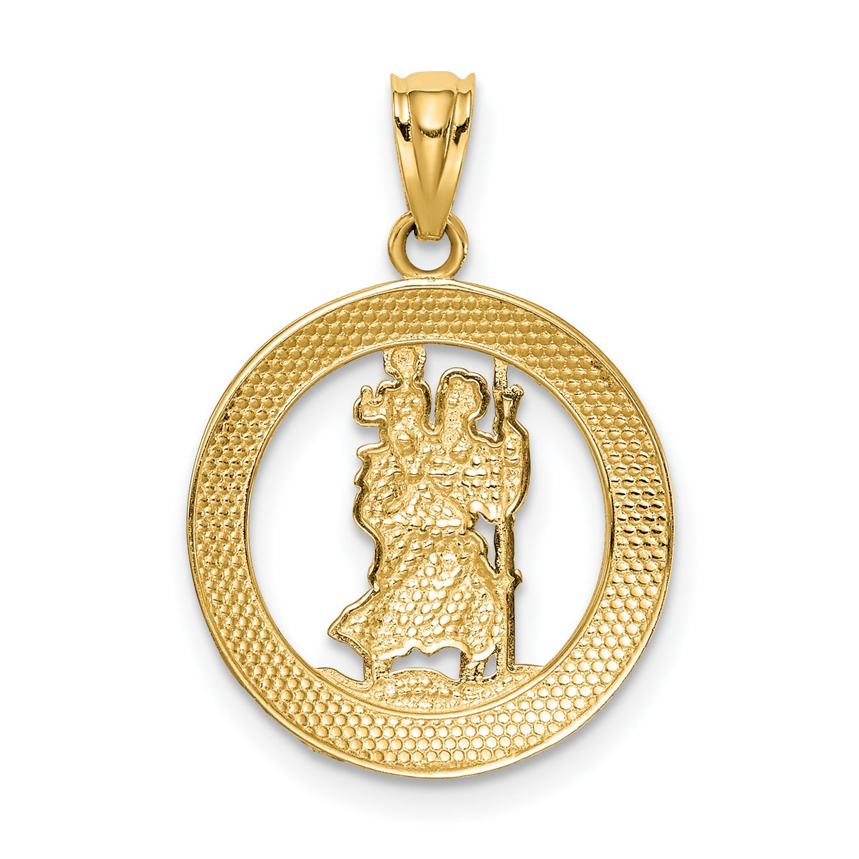 Saint Christopher Protect Us Words Open Round Medal Charm Pendant in Real 14k Multi-Tone Gold