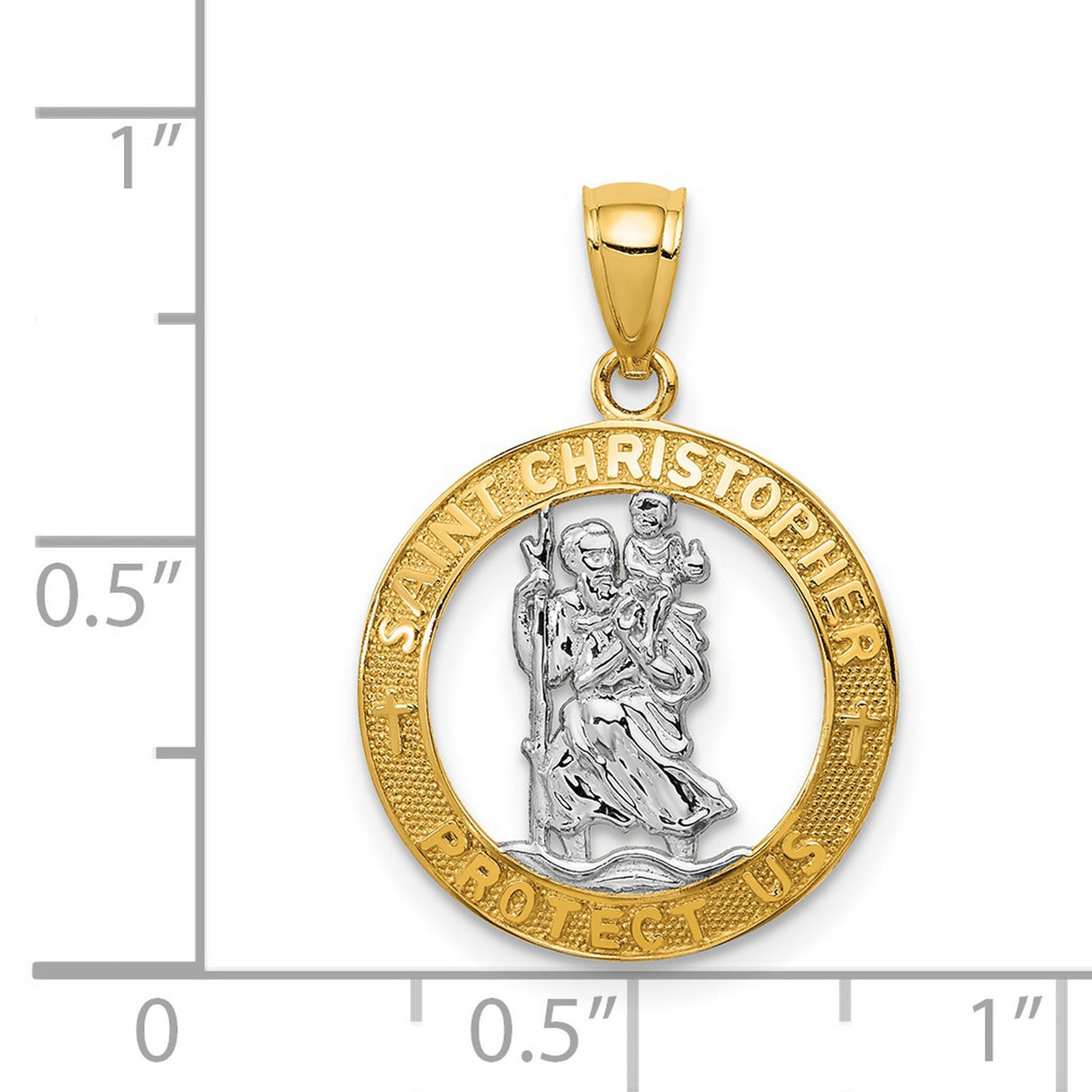 Saint Christopher Protect Us Words Open Round Medal Charm Pendant in Real 14k Multi-Tone Gold