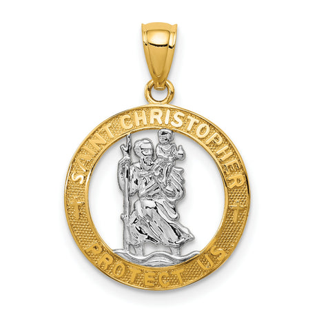 Saint Christopher Protect Us Words Open Round Medal Charm Pendant in Real 14k Multi-Tone Gold