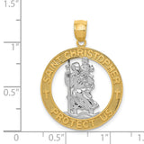 Saint Christopher Protect Us Words Open Medal Charm Pendant in Real 14k Multi-Tone Gold