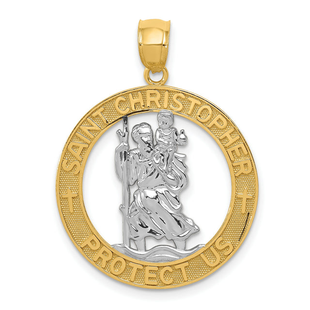 Saint Christopher Protect Us Words Open Medal Charm Pendant in Real 14k Multi-Tone Gold