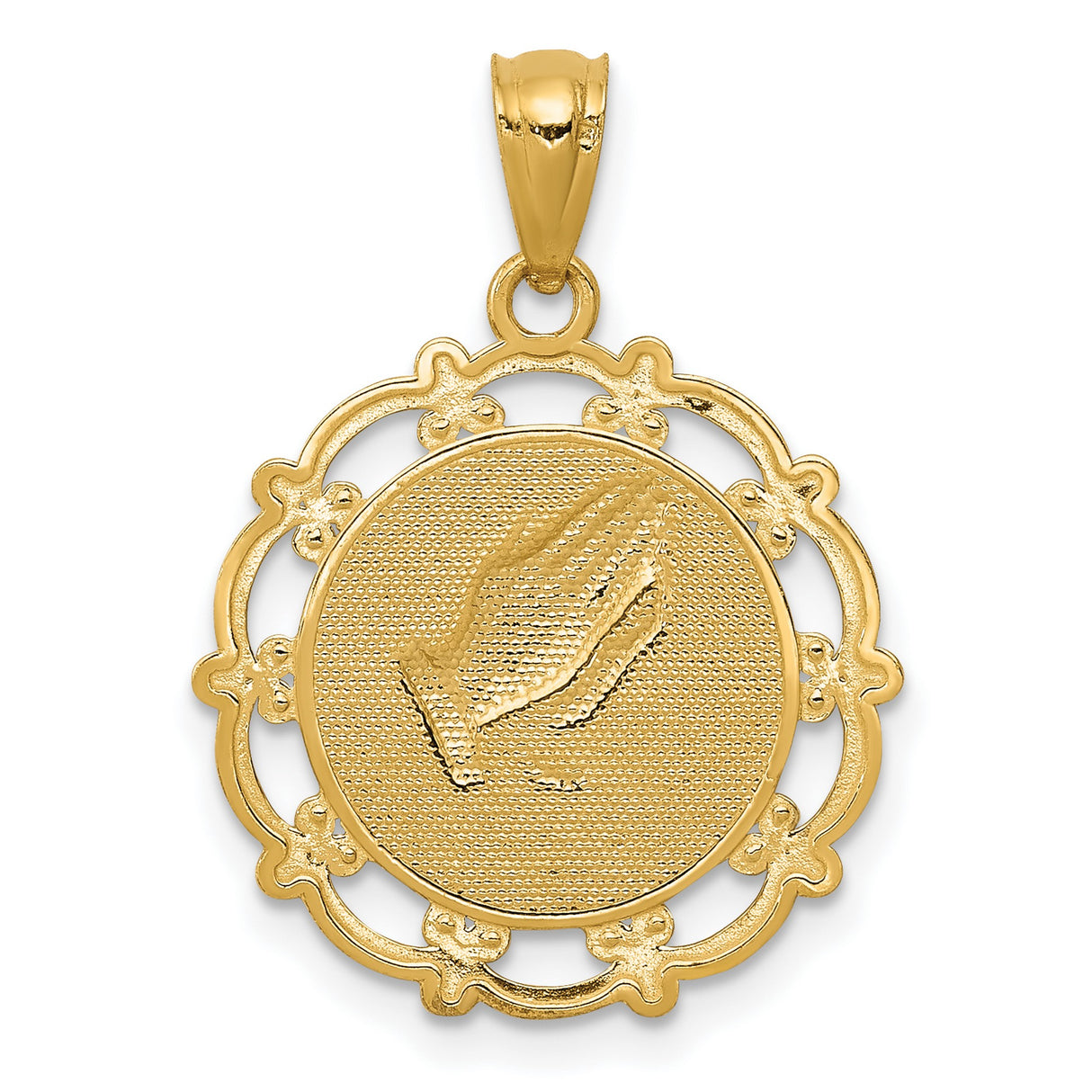 Praying Hands Baptism Word Round Medal Charm Pendant in Real 14k Multi-Tone Gold