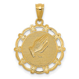 Praying Hands Baptism Word Round Medal Charm Pendant in Real 14k Multi-Tone Gold