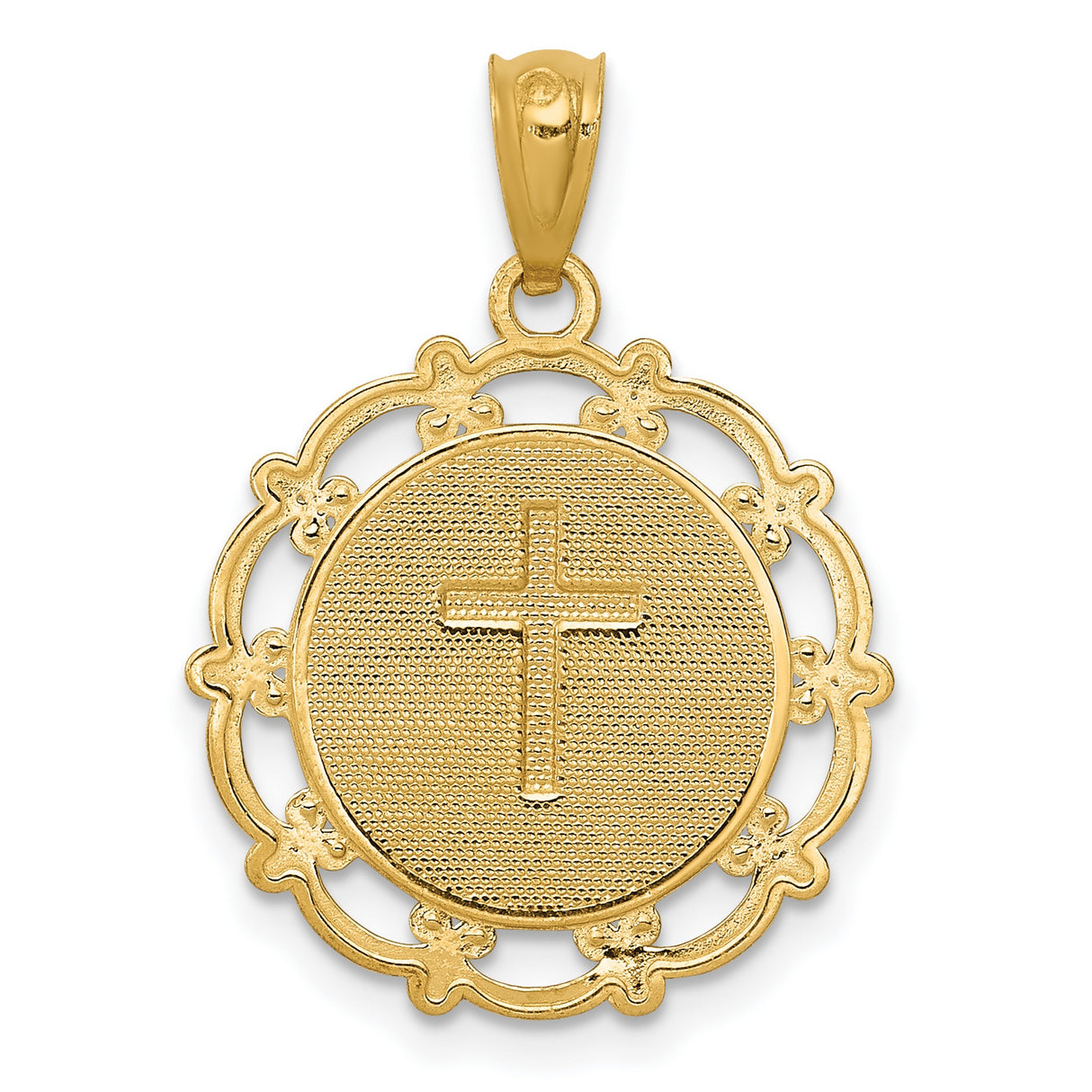 Latin Cross Baptism Word Round Medal Charm Pendant in Real 14k Multi-Tone Gold