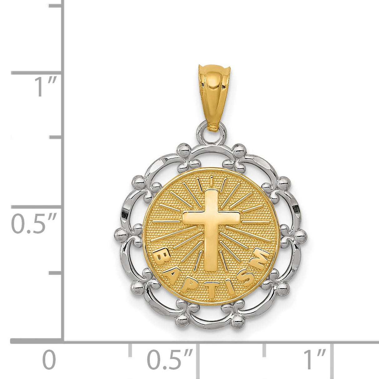 Latin Cross Baptism Word Round Medal Charm Pendant in Real 14k Multi-Tone Gold