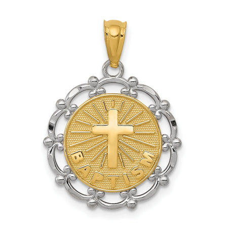 Latin Cross Baptism Word Round Medal Charm Pendant in Real 14k Multi-Tone Gold