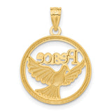 Flying Dove And Peace Word Inside Open Round Charm Pendant in Real 14k Multi-Tone Gold