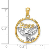 Flying Dove And Peace Word Inside Open Round Charm Pendant in Real 14k Multi-Tone Gold
