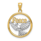 Flying Dove And Peace Word Inside Open Round Charm Pendant in Real 14k Multi-Tone Gold