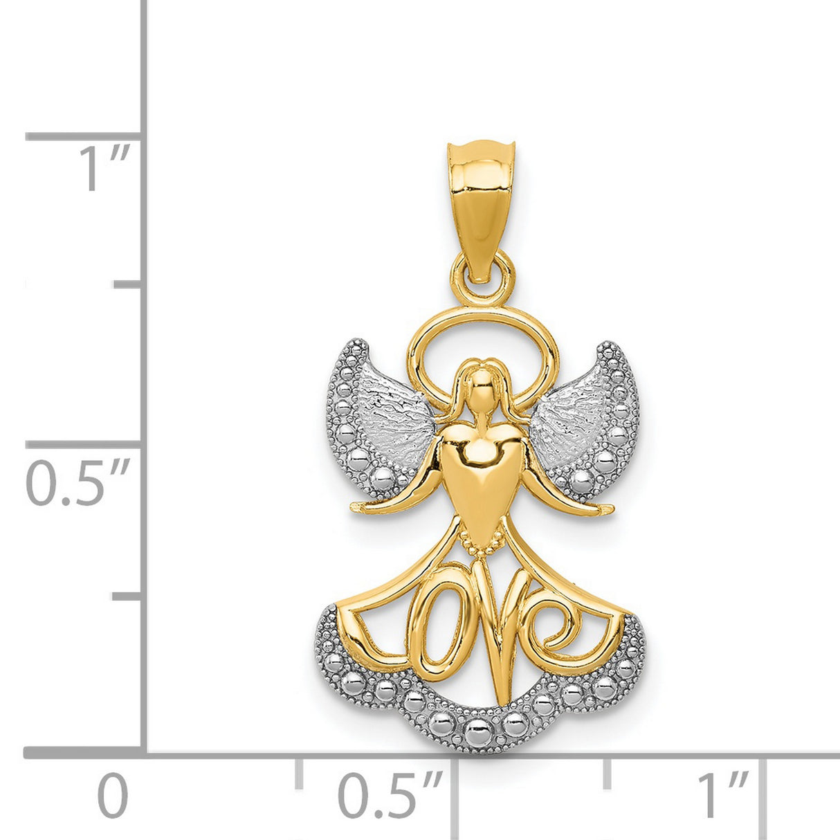 Angel With Rhodium Wings And Love Charm Pendant in Real 14k Multi-Tone Gold