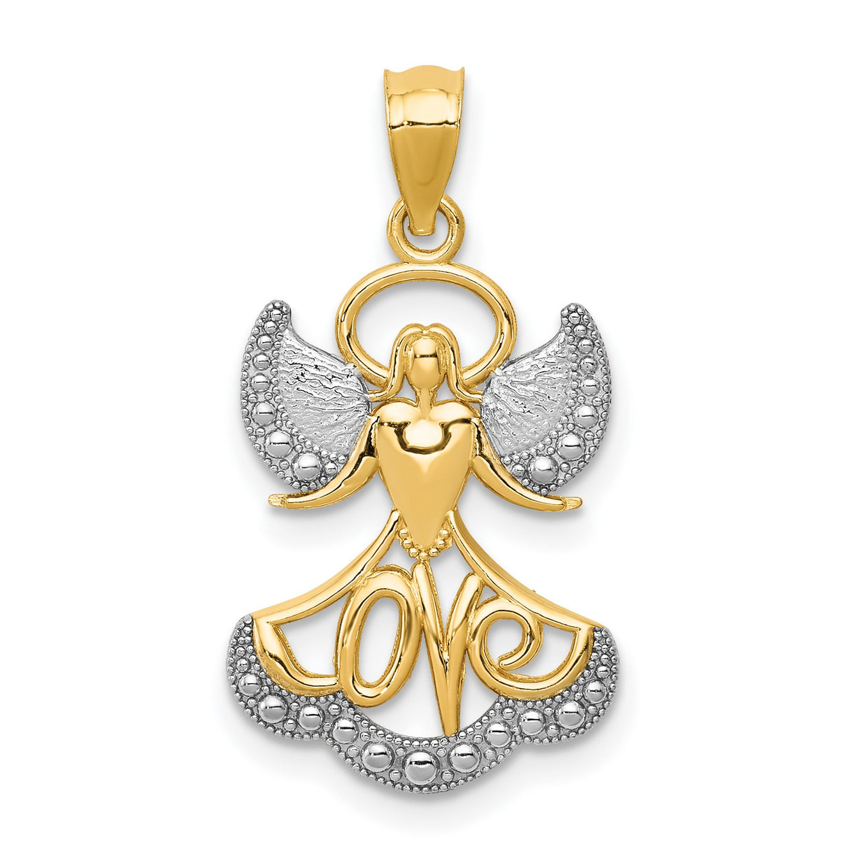 Angel With Rhodium Wings And Love Charm Pendant in Real 14k Multi-Tone Gold