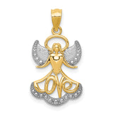 Angel With Rhodium Wings And Love Charm Pendant in Real 14k Multi-Tone Gold