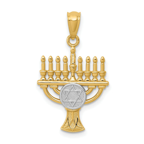 14k Yellow Gold and Rhodium Menorah Pendant with Star of David, Two-Tone Jewish Symbol