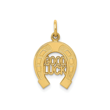 14k Yellow Gold Horseshoe Pendant with Good Luck Inscription, Unisex Talisman Charm