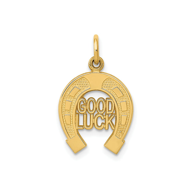 14k Yellow Gold Horseshoe Pendant with Good Luck Inscription, Unisex Talisman Charm