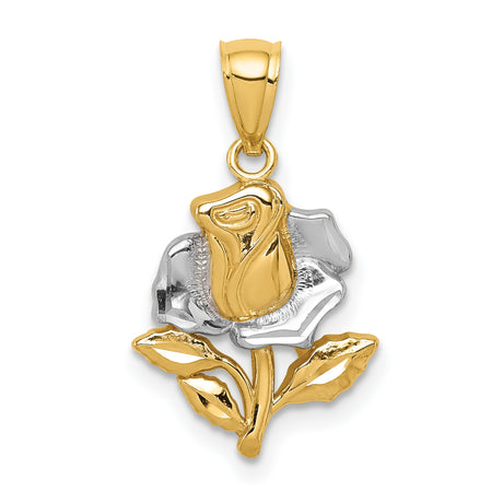 14k Two-Tone Gold Rose Pendant with Rhodium Accents and Yellow Gold Stem Design
