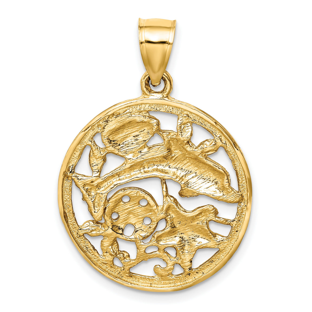 14k Yellow Gold Nautical Pendant with Dolphin, Starfish, Seashell, and Sand Dollar Design