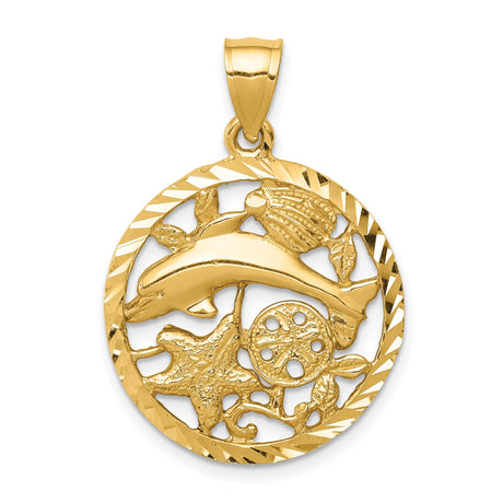 14k Yellow Gold Nautical Pendant with Dolphin, Starfish, Seashell, and Sand Dollar Design