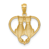 Sitting Cats in a Heart Charm Pendant in Real 14k Yellow Gold