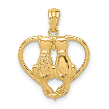 Sitting Cats in a Heart Charm Pendant in Real 14k Yellow Gold