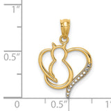 Sitting Cat in a Heart Charm Pendant in Real 14k Multi-Tone Gold