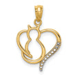 Sitting Cat in a Heart Charm Pendant in Real 14k Multi-Tone Gold