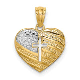 Heart Shaped With United States American Flag And Cross Charm Pendant in Real 14k Multi-Tone Gold