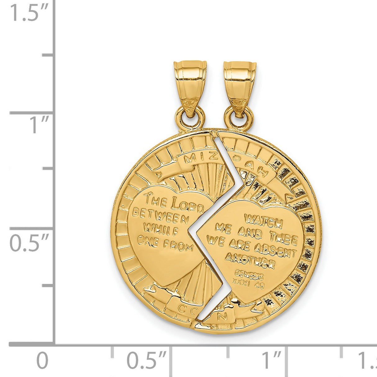 14k Yellow Gold Mizpah Heart Pendant, Breakable Split Design with Bible Verse, Faith and Love Theme