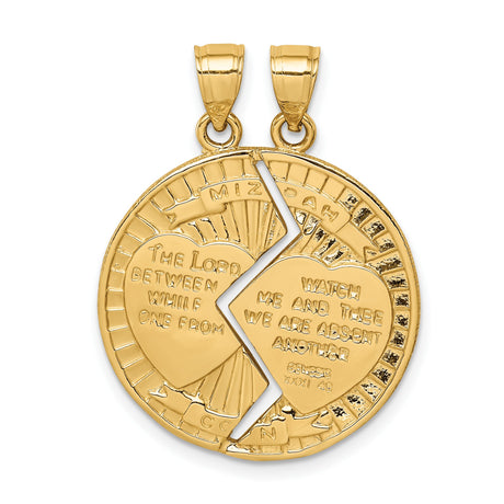 14k Yellow Gold Mizpah Heart Pendant, Breakable Split Design with Bible Verse, Faith and Love Theme