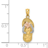 14k Tri-Color Gold Flip-Flop Sandal Pendant with Floral Accents, Tropical Beach Jewelry for Women