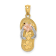 14k Tri-Color Gold Flip-Flop Sandal Pendant with Floral Accents, Tropical Beach Jewelry for Women