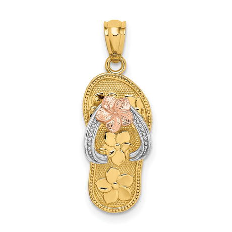 14k Tri-Color Gold Flip-Flop Sandal Pendant with Floral Accents, Tropical Beach Jewelry for Women
