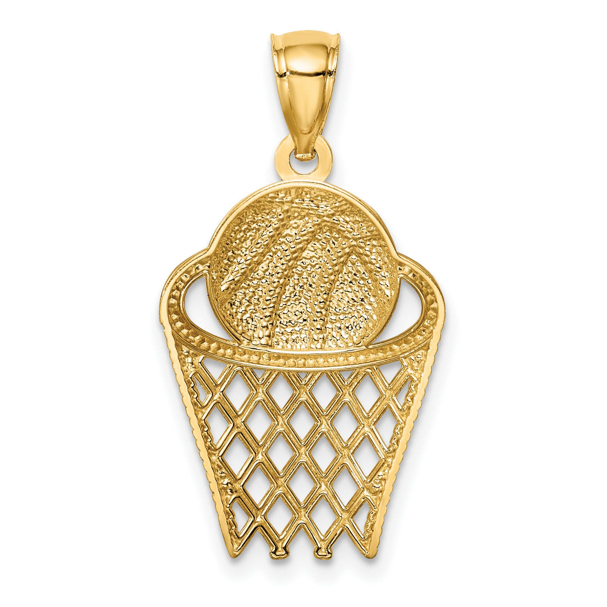 14k Yellow Gold Basketball Hoop Pendant, Ball Through Hoop Sports Charm for Men or Unisex