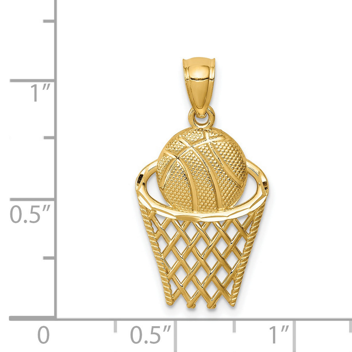 14k Yellow Gold Basketball Hoop Pendant, Ball Through Hoop Sports Charm for Men or Unisex