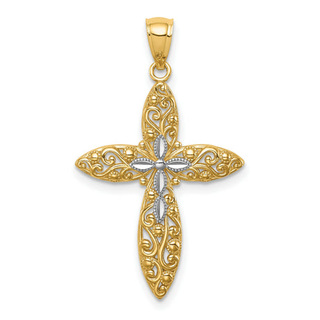 14k Multi-Tone Gold Cross Pendant with White Center and Beaded Vintage Filigree Design