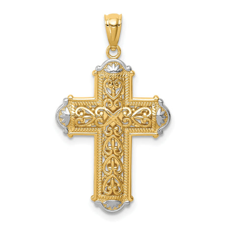 14k Multi-Tone Gold Cross Pendant with Reversible Ornate Filigree Design