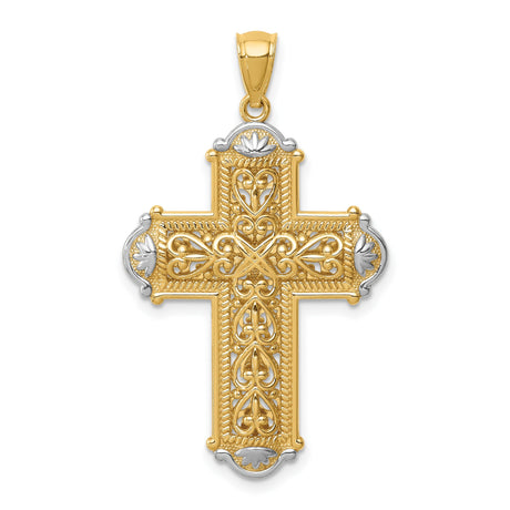 14k Multi-Tone Gold Cross Pendant with Filigree Design and Twisted Rope Edge