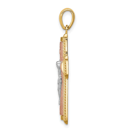 14k Multi-Tone Gold Crucifix Cross Pendant with INRI Inscription, Christian Religious Charm