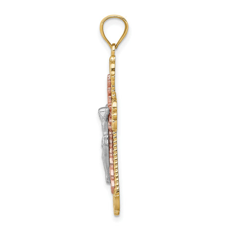 14k Multi-Tone Gold Crucifix Cross Pendant, Textured Tricolor Jesus Charm, Religious Jewelry