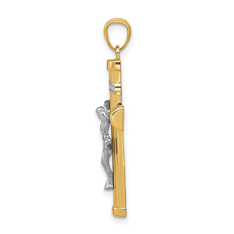 14k Two-Tone Gold Crucifix Cross Pendant with Polished Finish and Rhodium Jesus Figure