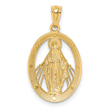 Mary Mother of God Miraculous Medal with Words Cut-Out Oval Charm Pendant in Real 14k Multi-Tone Gold