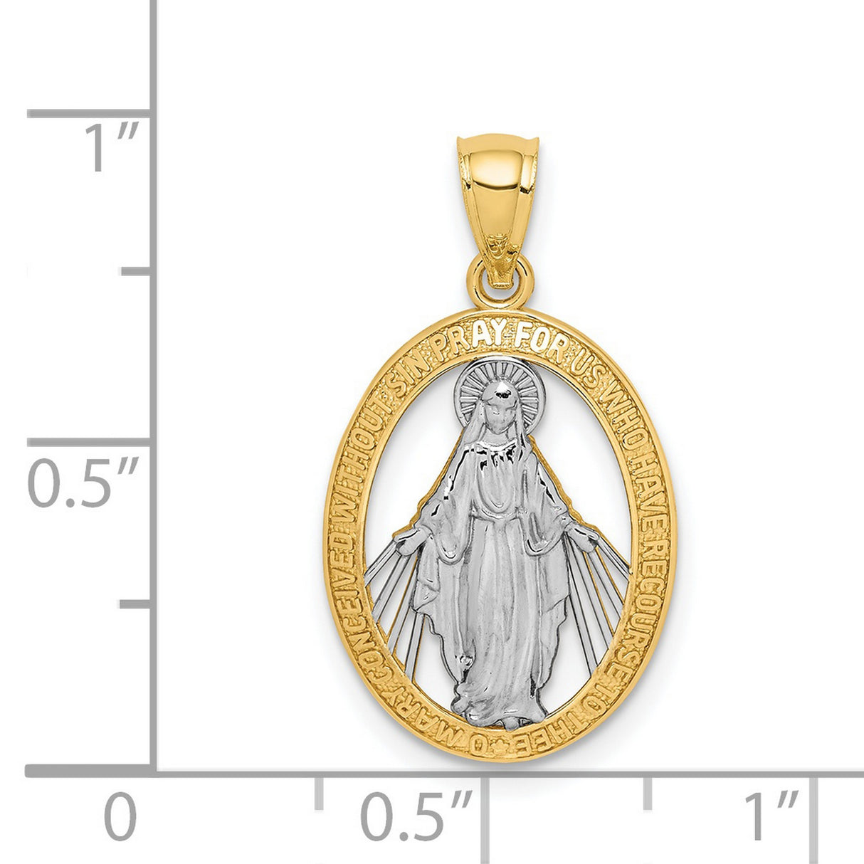 Mary Mother of God Miraculous Medal with Words Cut-Out Oval Charm Pendant in Real 14k Multi-Tone Gold