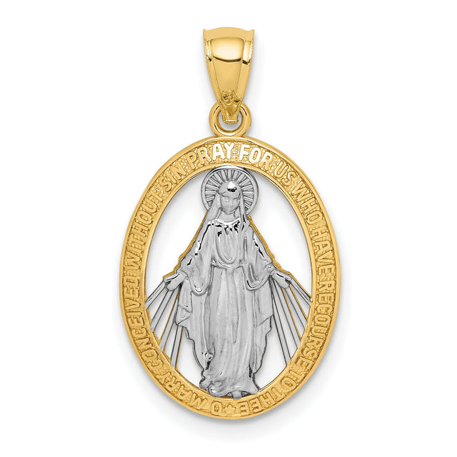 Mary Mother of God Miraculous Medal with Words Cut-Out Oval Charm Pendant in Real 14k Multi-Tone Gold